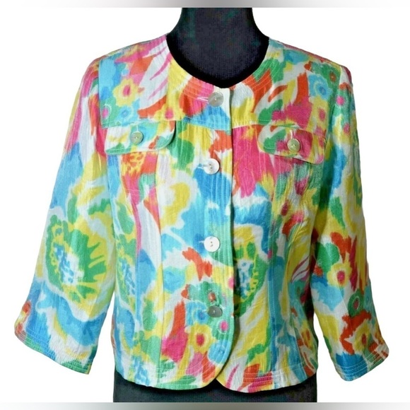 Ruby Red Pastel Round Neck Over Coat Pastel Multi Color Floral Blazer Jacket 20W - Picture 1 of 10